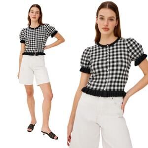 NEW Rails Lora Gingham Ruffled Knitwear Short Sleeve Blouse Black Size: Medium